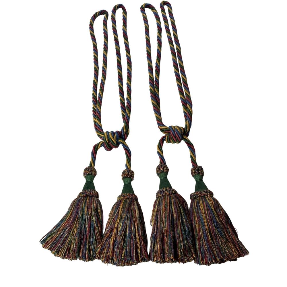 Pair Large Drapery Curtain Tie Backs Tassels red/green/gold Fringe 24” Elegant